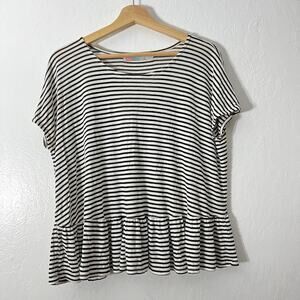 Free People Beach XS Cream Black Knit Striped Ruffle Knit Top Blouse Cap Sleeve